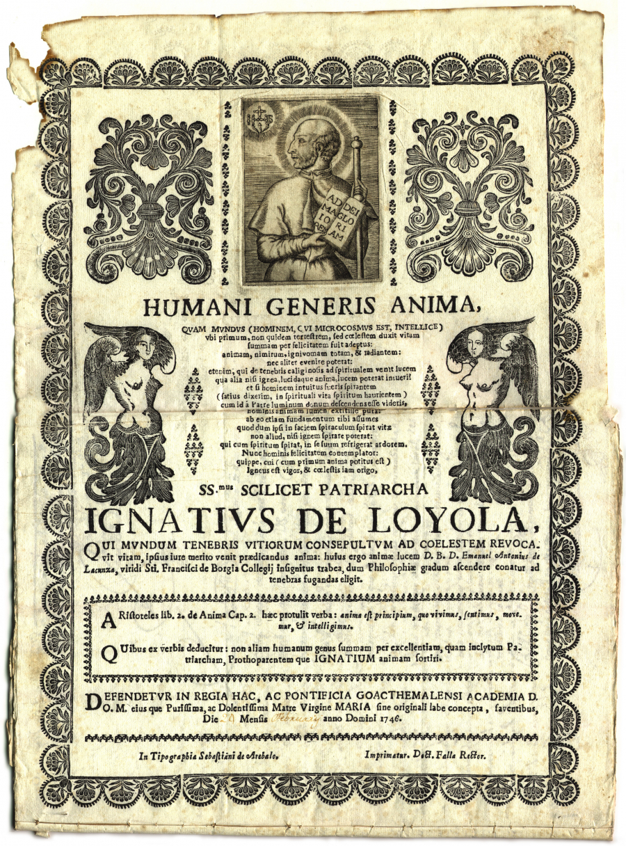 Tarja Universitaria impresa de Manuel Antonio de Lacunza del año 1746, presentada en su acto público de Conclusiones para la obtención del grado de Licenciado en Filosofía. 