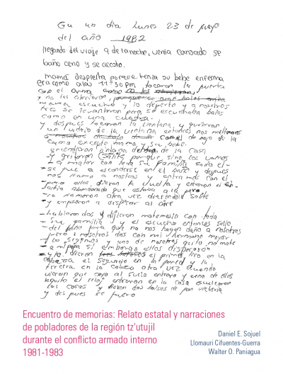 Descripción de portada: manuscrito realizado por familiares sobre los hechos de violencia durante el conflicto armado interno en la región tz’utujil.