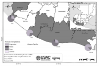 Ubicación geográfica de las playas del Pacífico de Guatemala y composición total de microplásticos por forma